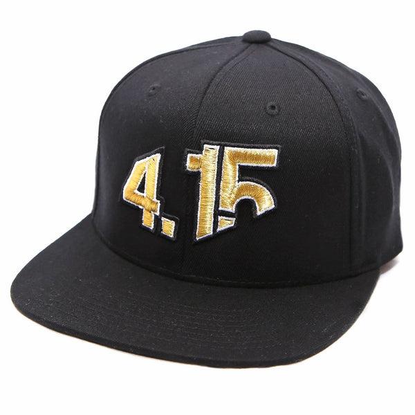 Black Snapback Cap with with raised 3D embroidered 4.15 logo on front in Gold thread color