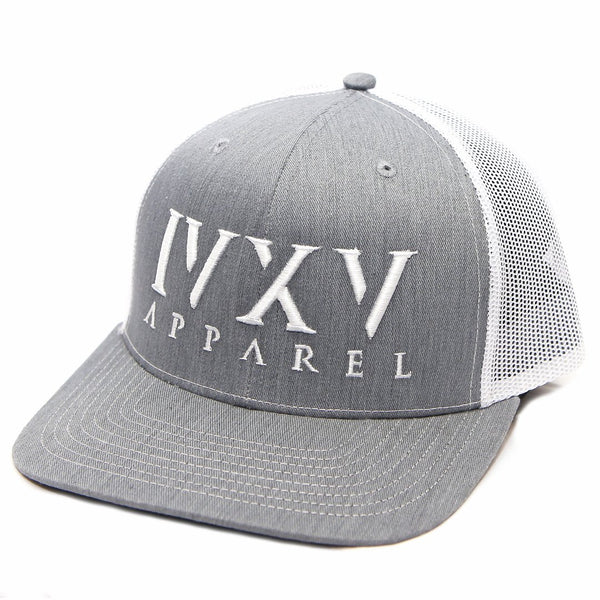 Trucker Cap with raised 3D embroidered IVXV logo on front. Gray with White thread color
