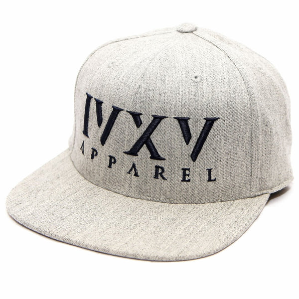 Heather Grey Snapback Cap with raised 3D embroidered IVXV logo in Navy Blue