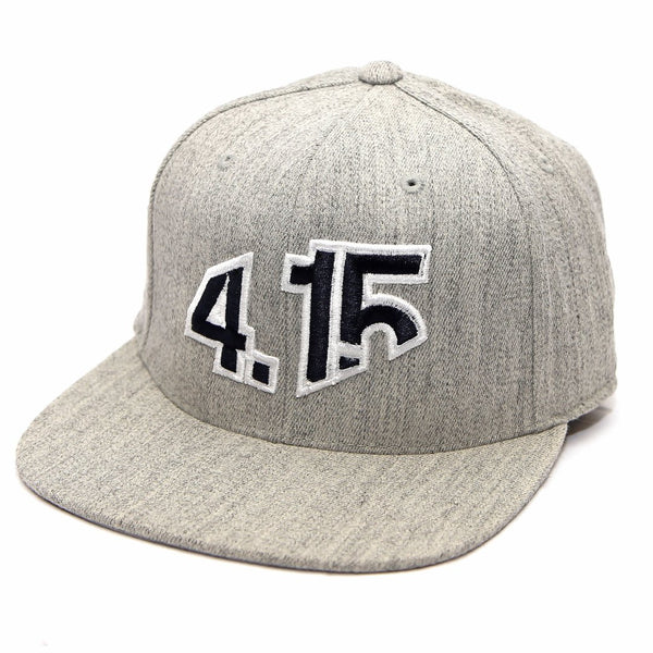 Heather Gray Snapback Cap with with raised 3D embroidered 4.15 logo on front in Navy Blue thread color