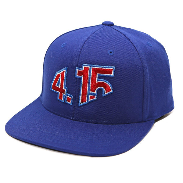 Blue Snapback Cap with with raised 3D embroidered 4.15 logo on front in Red thread color