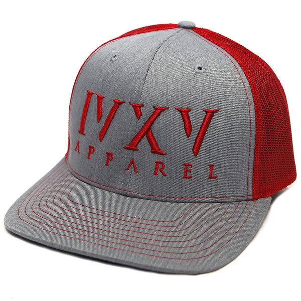 Trucker Cap with raised 3D embroidered IVXV logo on front. Gray with Red thread color