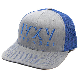 Trucker Cap with raised 3D embroidered IVXV logo on front. Gray with Royal Blue thread color