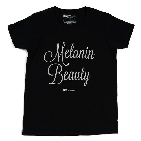 Melanin-Beauty-Metallic-Silver-ink-on-Black-Shirt