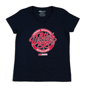 Strong-Beautiful-Intelligent-Black-Woman-Navy-Blue-With-Red-And-White-Ink-On-Front