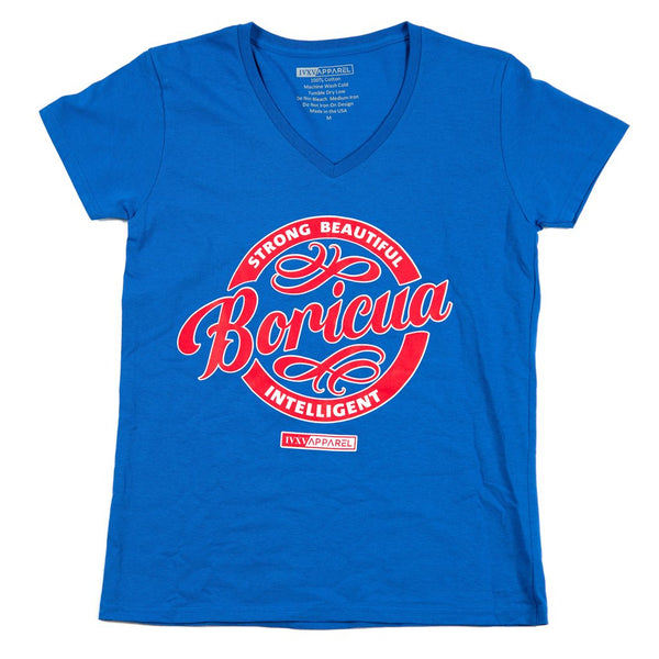 Strong-Beautiful-Intelligent-Boricua-Royal-Blue-Shirt-with-Red-and-White-ink-on-Front