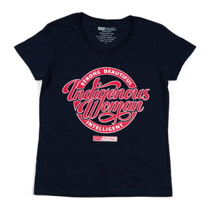 Strong-Beautiful-Intelligent-Indigenous-Woman-Navy-Blue-With-Red-And-White-Ink-On-Front