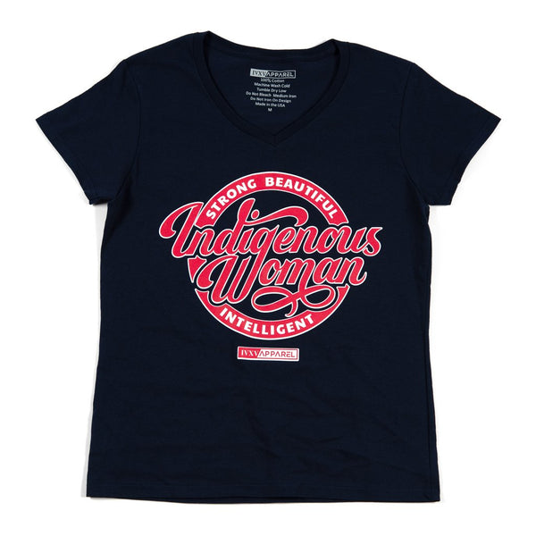 Strong-Beautiful-Intelligent-Indigenous-Woman-Navy-Blue-With-Red-And-White-Ink-On-Front